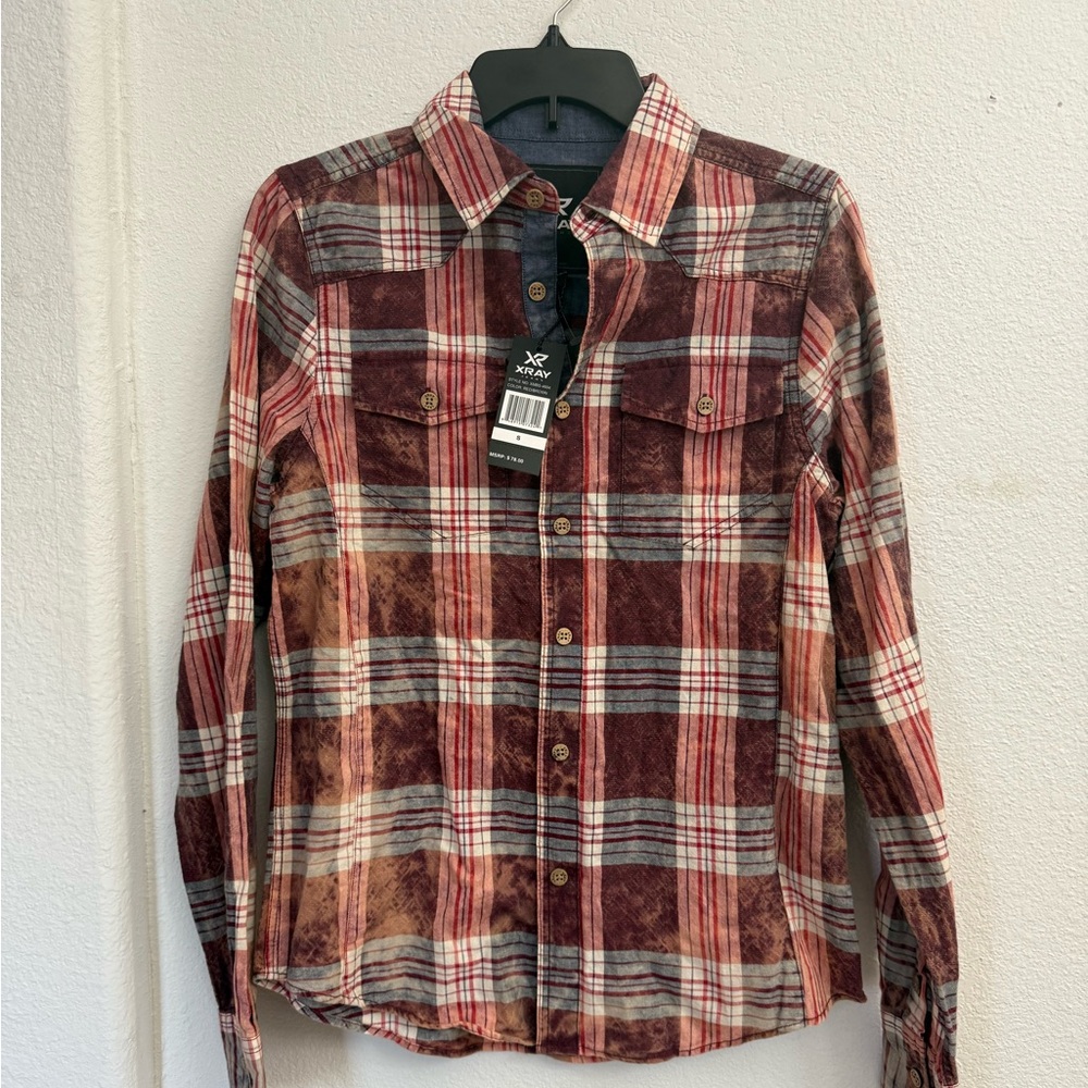 Men's Plaid Button-Down Shirt - Red and Brown